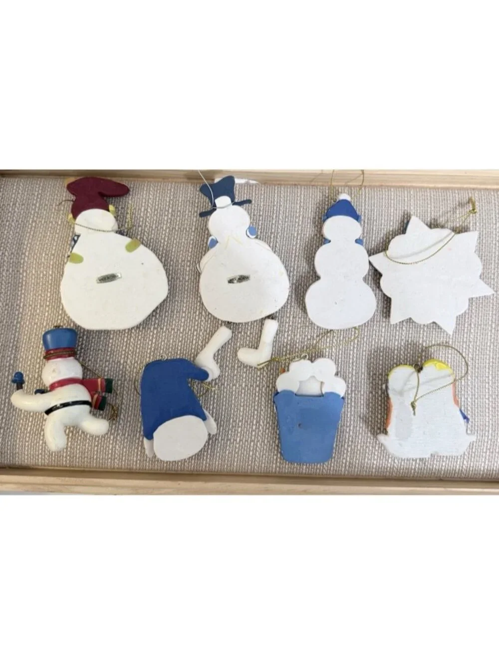 Lot of 8 Snowman Ornaments Resin Plaster Blue & White